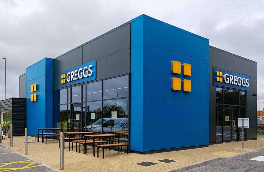 Permanent modular retail unit for Greggs. Full shot of a Greggs building.