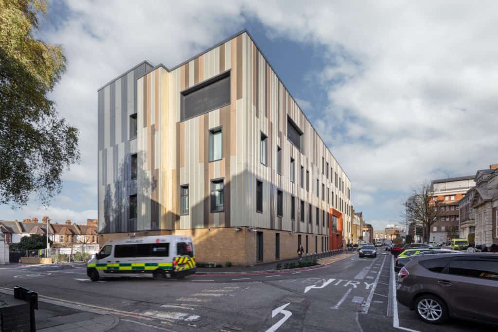 Ambulance outside of Kings College Hospital' new outpatient services building.