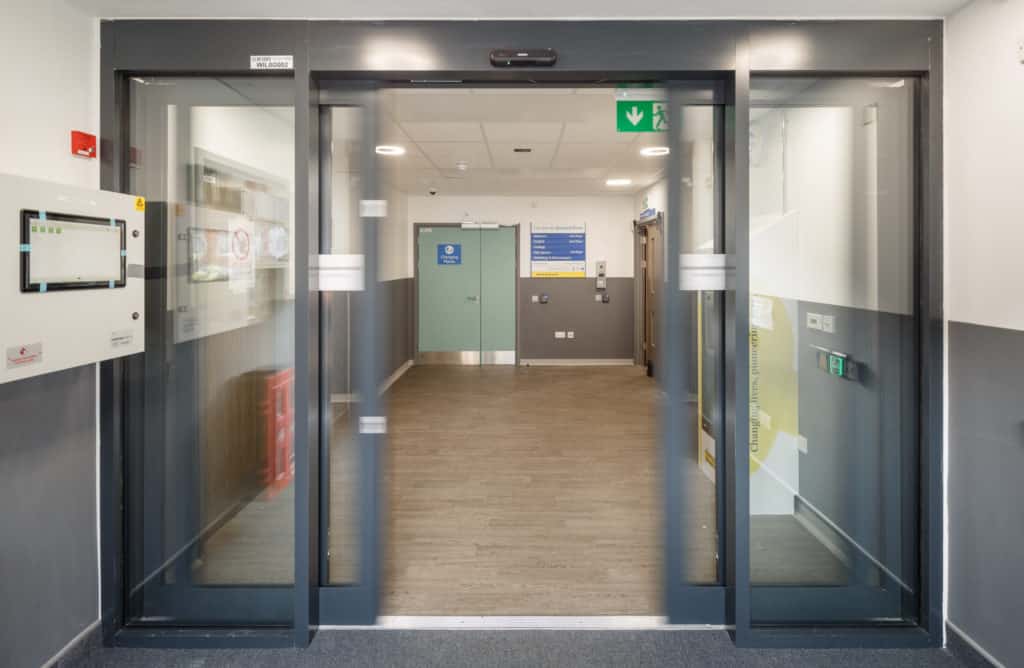 Automatic doors at the entrance to a modular hospital.  
