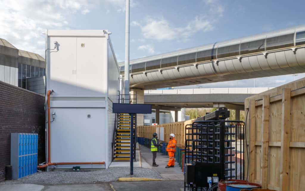 Outside Manchester Airport, view of Premier Modulars temporary modular buildings.