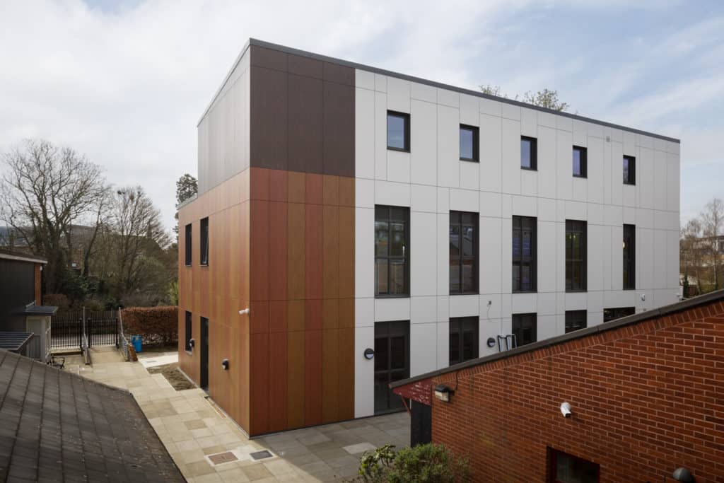 Outside shot of the new modular building for Hills Road Sixth Form College. 