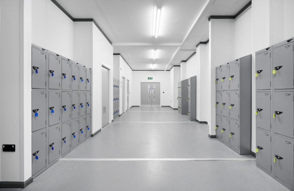 Locker room inside modular school building.