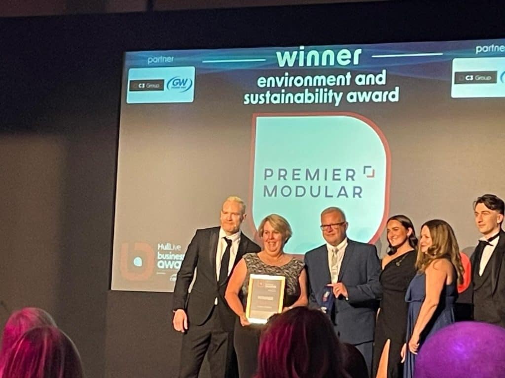 Premier Modular team holding up their Environment and Sustainability Award at the Hull Live Business Awards