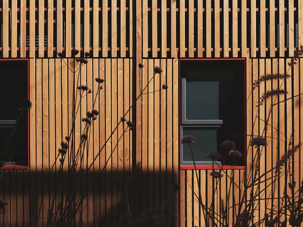 view of one of the windows on temporary building built for The Paper Yard.