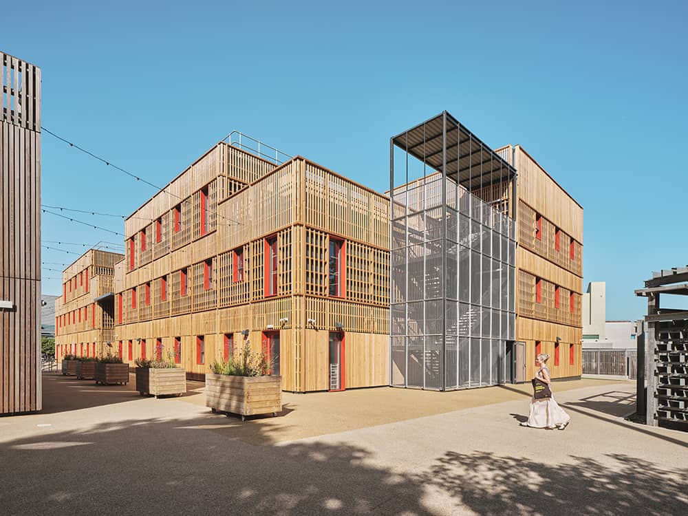 Side view of The Paper Yard. Temporary building. 