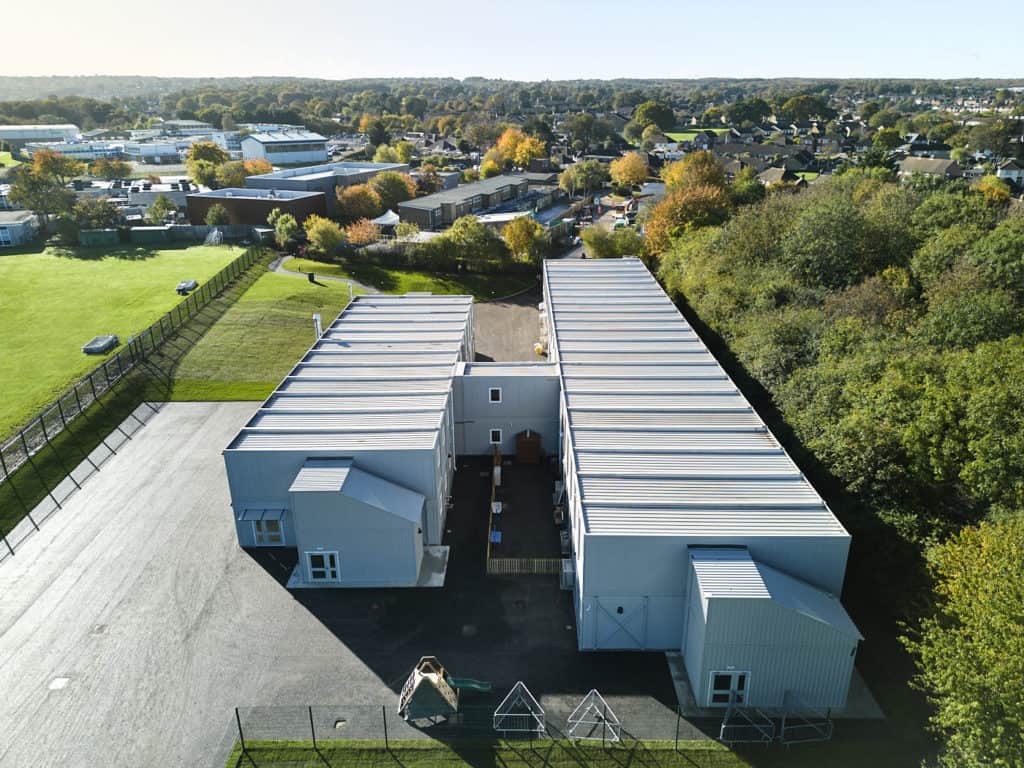 view of temporary school building. 