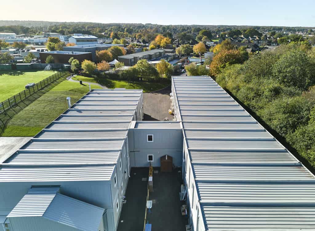 view of temporary school building. 