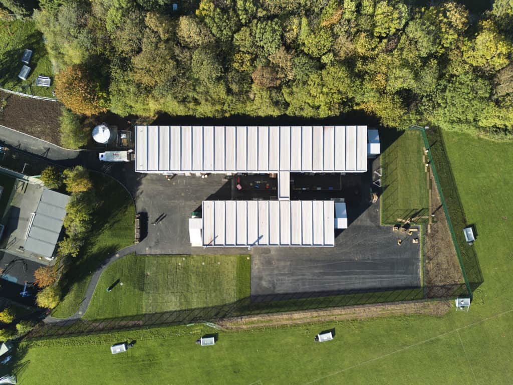 Birds-eye view of entire temporary school building for Bradsfield Academy.