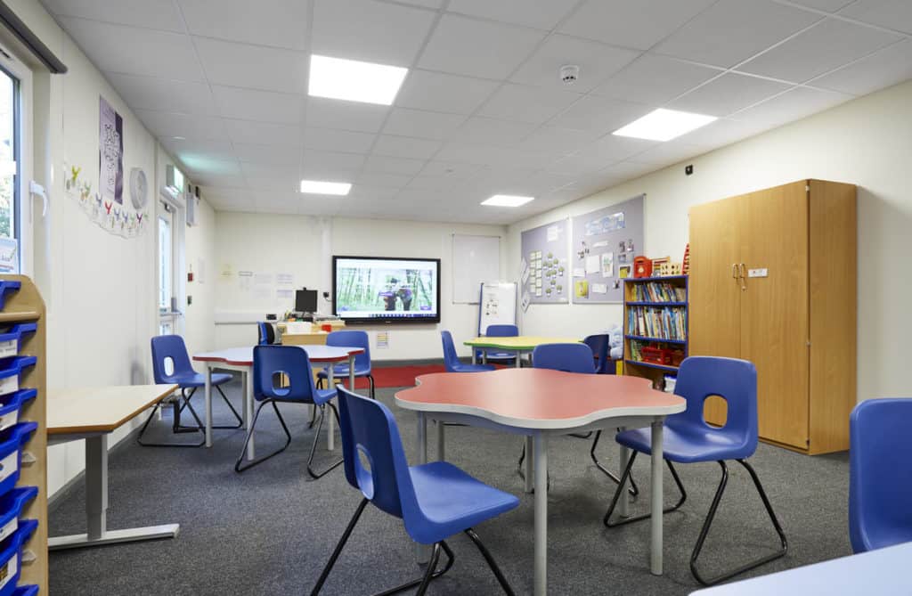 Inside temporary classrooms. 3 tables surrounded by chairs, interactive whiteboard on the wall. Bookcase, cabinet. Colourful room. 