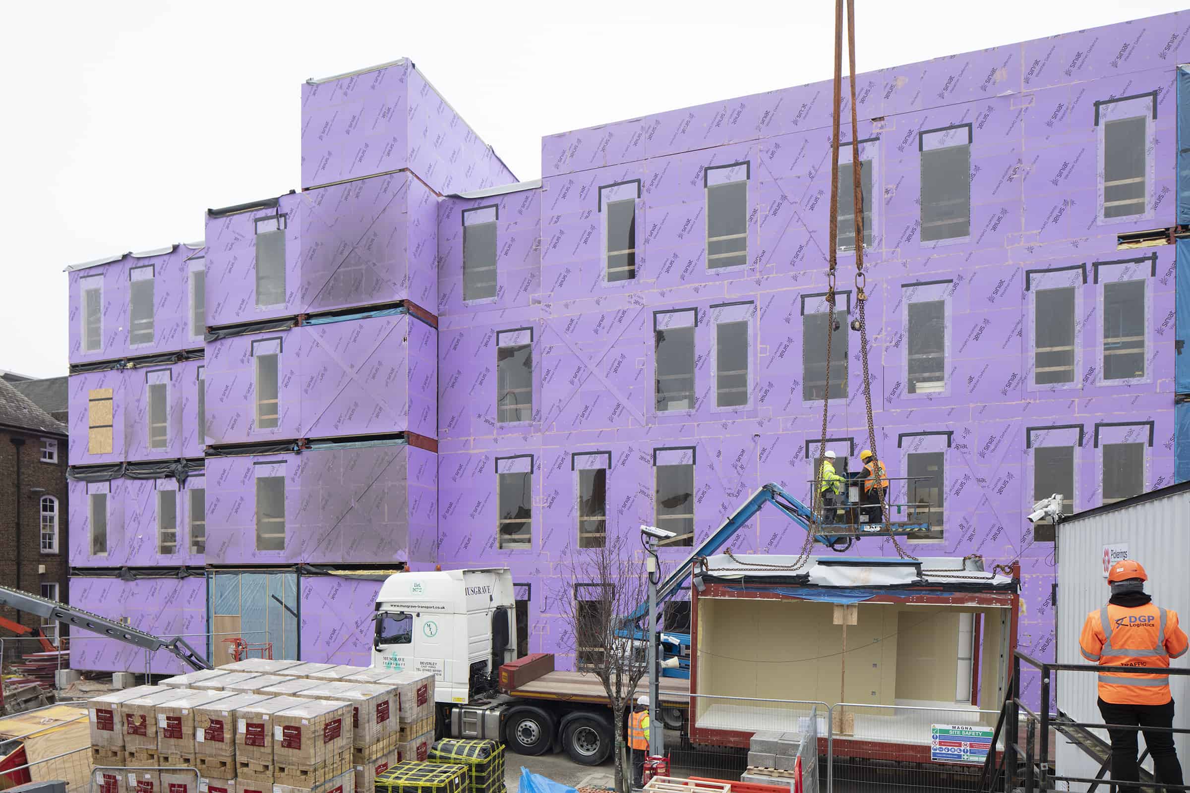 Kings College Hospital being assembled. Modular hospital units built through offsite construction methods, being assembled on site. 