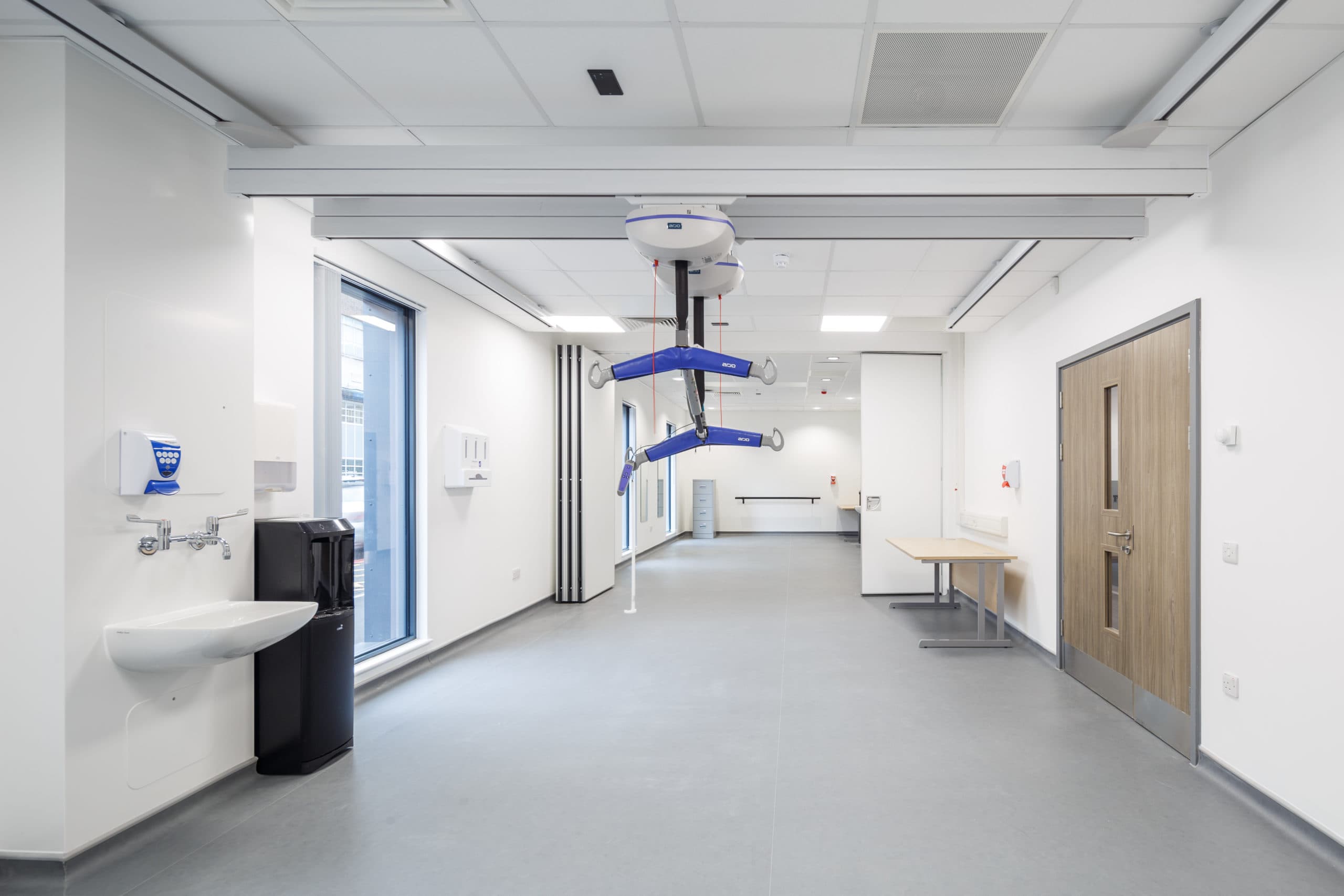 Hospital equipment inside a spacious modular hospital room. 