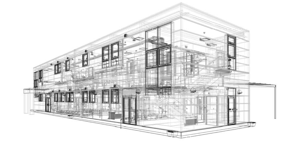 A design sketch of a building, created by a modular construction company. 3D plan of the building. 