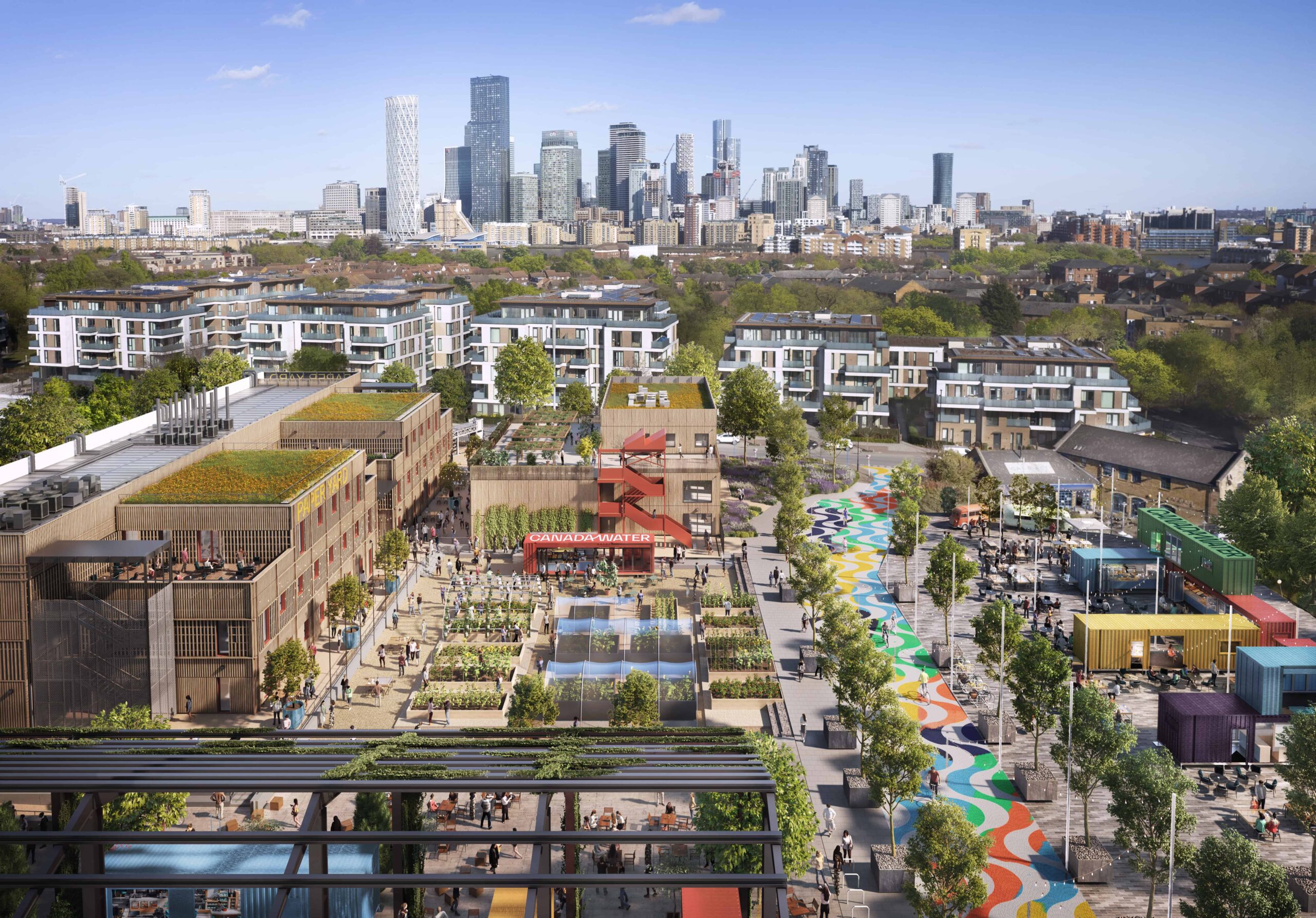 Canada Water, London. View of the plans for the space, encouraging technological and science advancement in the UK, supported by modular construction.