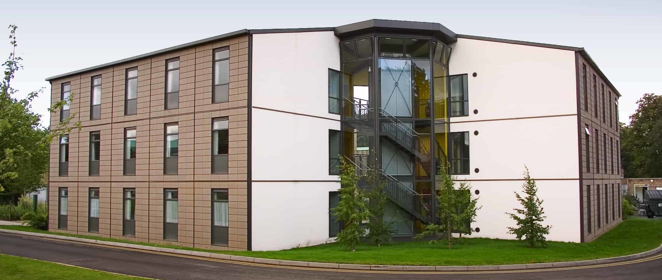Modular Student Accomodation for the University of Nottingham. Building with a big stair case and windows. 