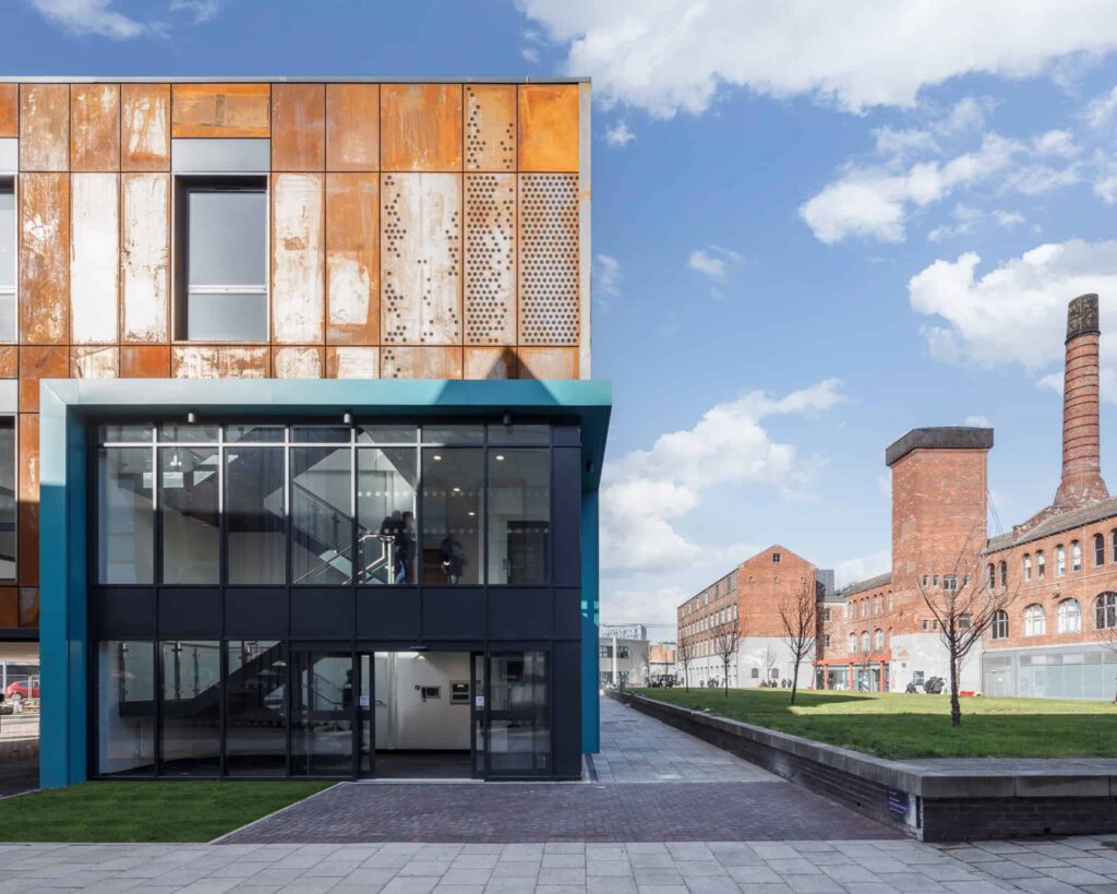 Front view of modular education building. Entrance to modular school, built using offsite construction.