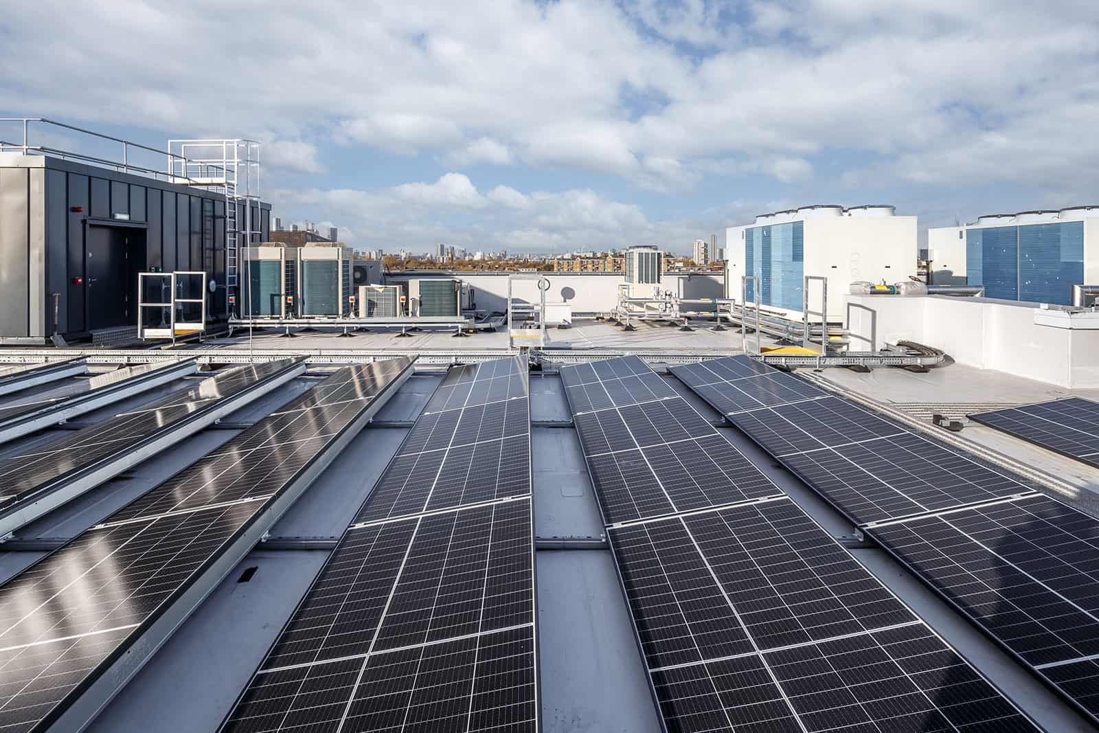 Solar panels on top of a modular building. 